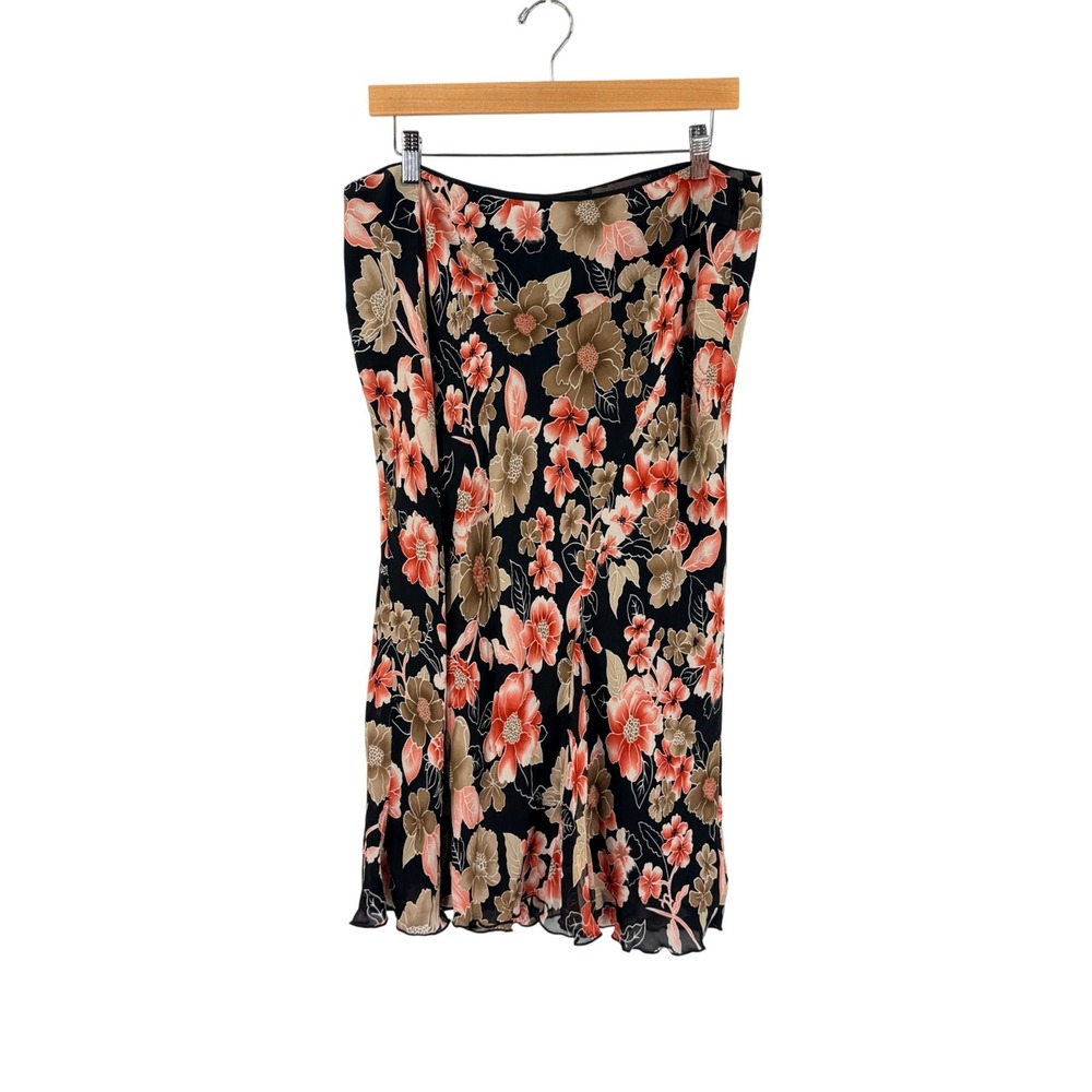 Alfani Floral Silk Blend Midi Skirt Black Size 16 Flowy Cottagecore Career